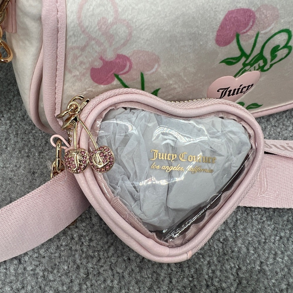 Juicy Couture Retro Juicy Cherry Shoulder Bag Multi Heart Coin Purse Charm NWT - Picture 4 of 9